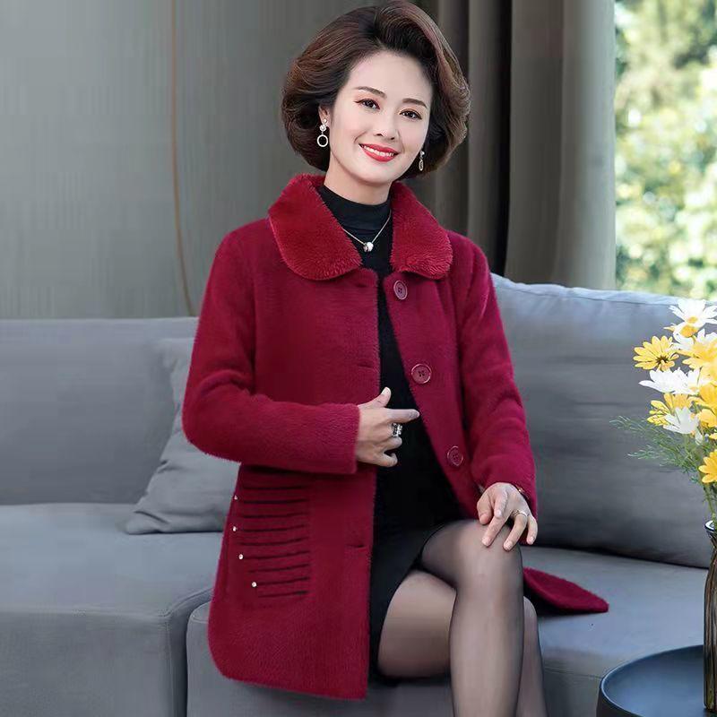 Autumn Winter Middle-aged Faux Mink Fleece Women's Jacket Single-breasted Warm Loose Lapel Coat Casual Female Wool Outwear