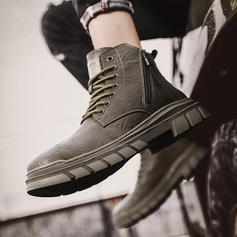 Autumn and winter retro fashion trend Martin boots youth casual platform leather boots men's high-top side zipper tooling shoes