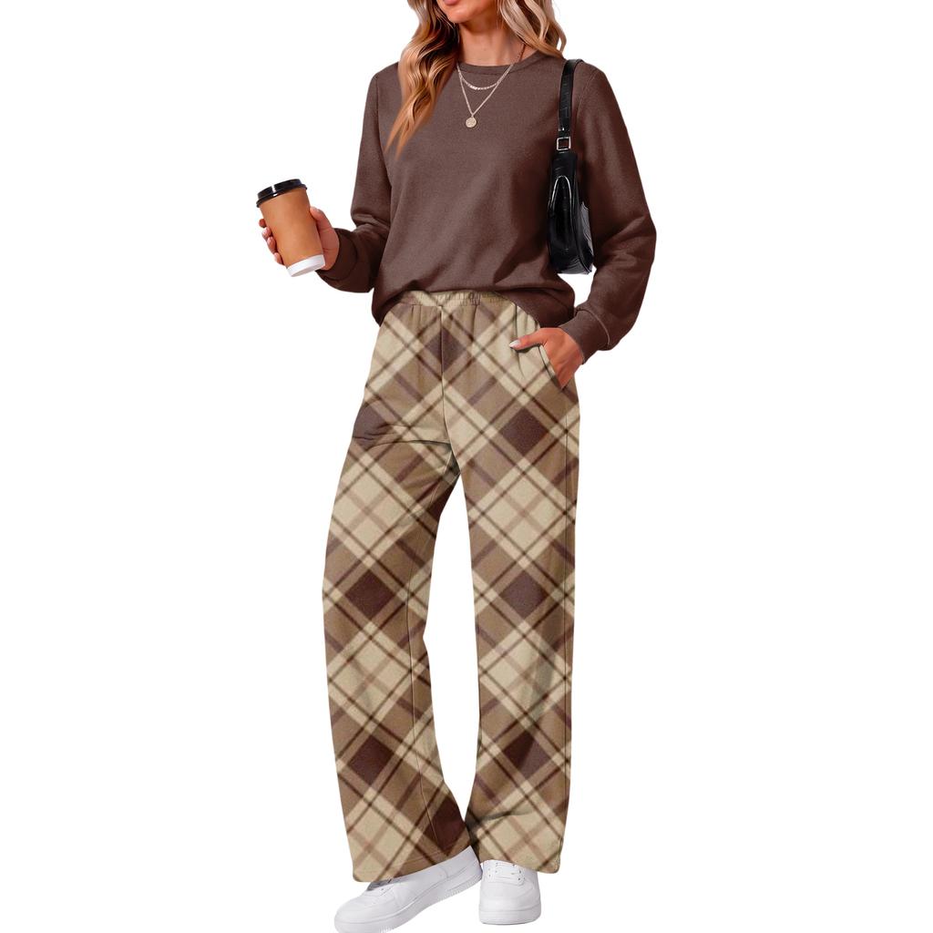 Women's Casual Loose Fit Color Round Neck Sweatshirt and Pants Set, 2 Piece Matching Outfit for Everyday Wear