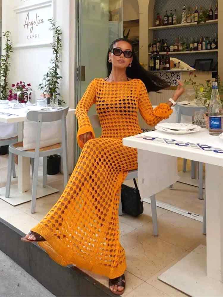 EDOLYNSA Sexy Cut Out Bell Sleeve Solid Knit Crochet Beach Maxi Dress 2024 Women Summer Chic Swimsuit Cover Up Elegant Party Outfit K23