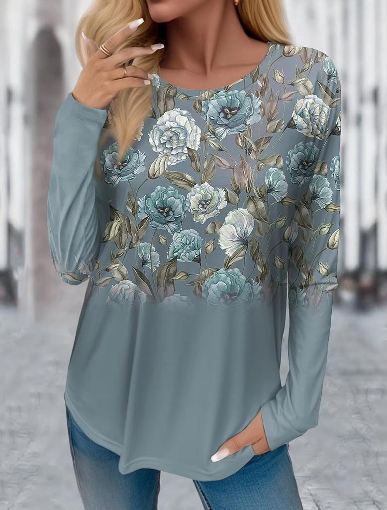 3D Print Floral Graphic Women's T Shirt Long Sleeve Tops Basic Design Fashion Round Neck Regular Fit Y2K Sweatshirt For Girls