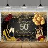 Fundo para 50º aniversário Balões preto e dourado Banner decorado com rosas de lantejoulas espumantes de champanhe para festa de aniversário