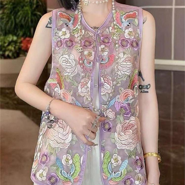 Style embroidered vest versatile summer new 2025 top retro thin vest fashionable