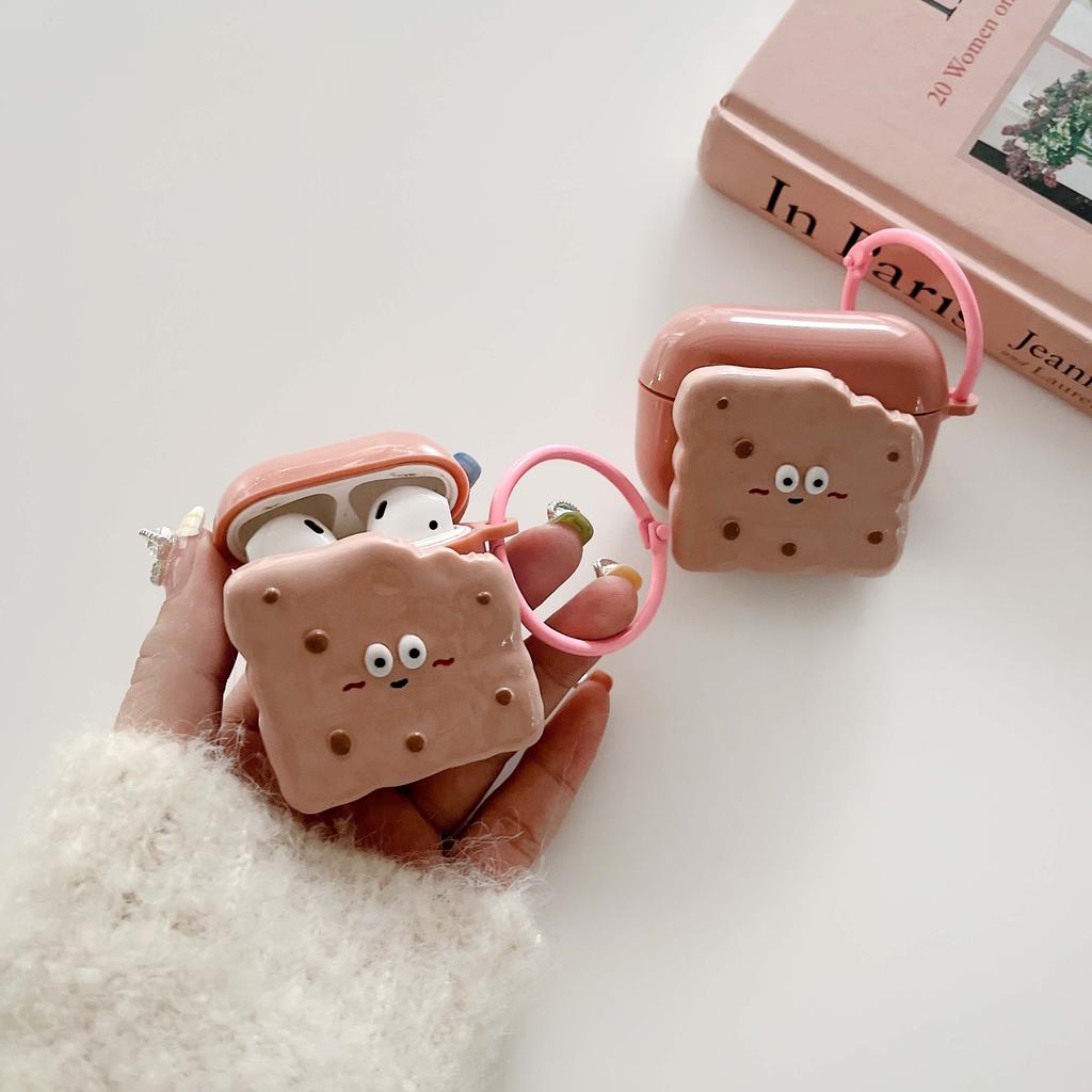 Ins Pink Biscuit Cartoon 3d Relif Round Keychain Earphone Case For Apple Airpod 2 3 Pro 2nd 1 Wireless Bluetooth Charging Box