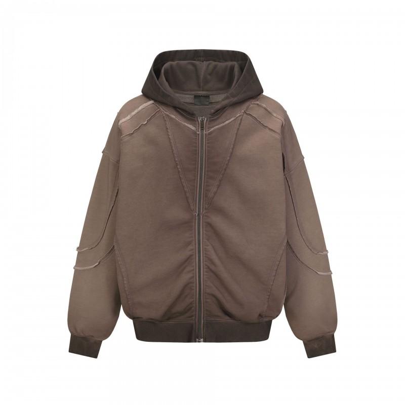 Unisex Oversized Hooded Zip-Up Sweatshirt With Geometric Wax Print Patch Pocket Streetwear