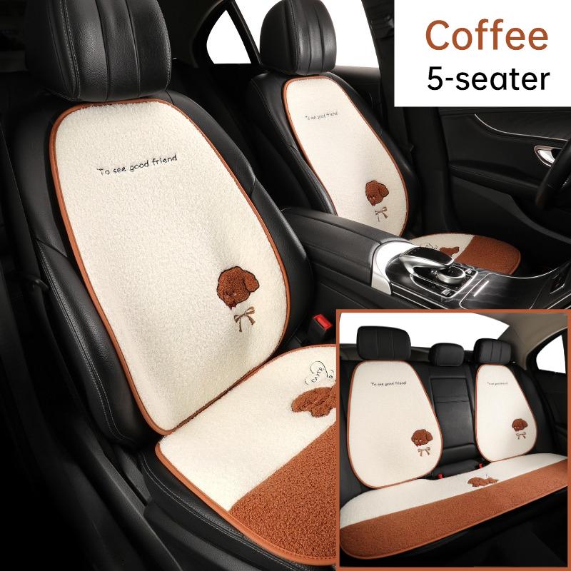 5 Seats Funny Puppy Car Seat Cover Fleece Fabric PU Leather Warm Comfortable Quick Installation Fits Most Cars
