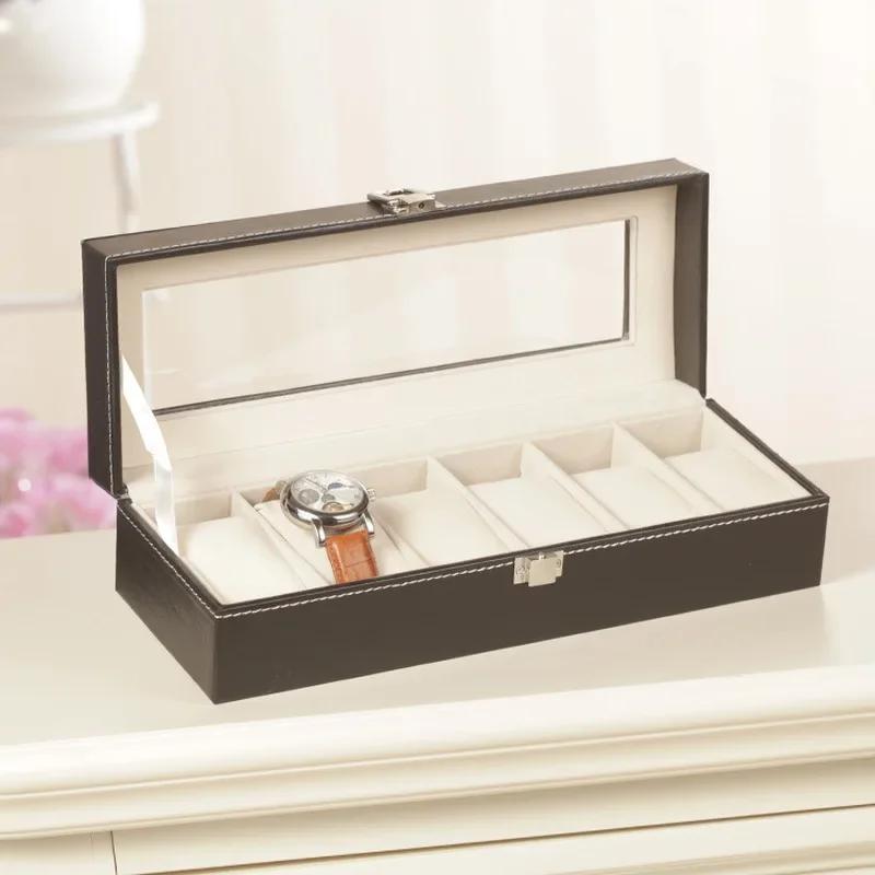 

6 Slots Leather Watch Storage Box Organizer New Mechanical Mens Watch Display Holder Cases Household Black Jewelry Gift Boxes