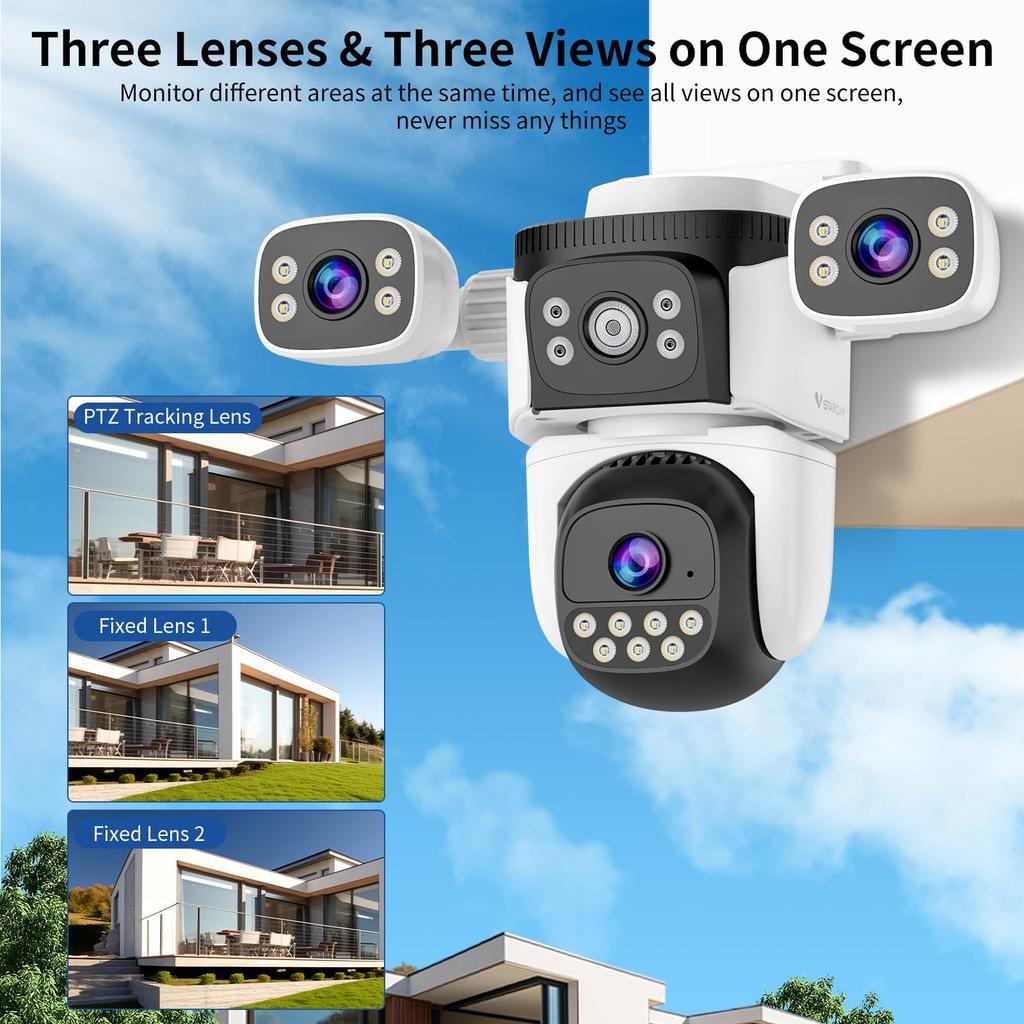 Three-Lens Security Camera Outdoor, 360° View Outside Camera, 2.4Ghz WiFi, Human Detection, Color Night Vision, Pan & Tilt, 10x Zoom,Two-Way Audio