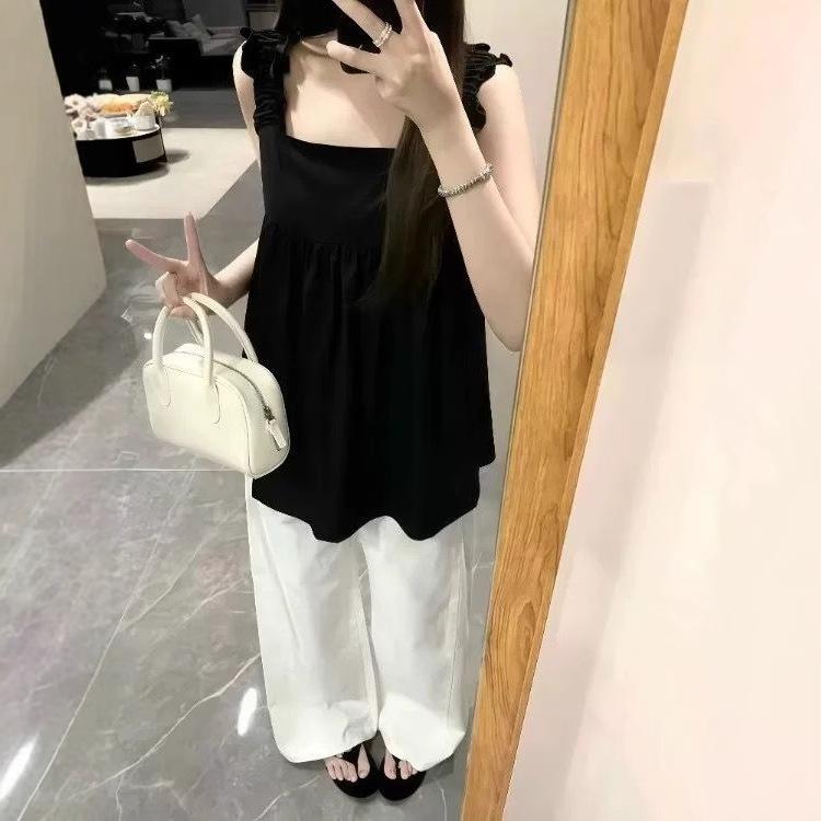 Black beautiful small suspender vest for women's summer wear, new design French sweet and spicy sleeveless seaside top