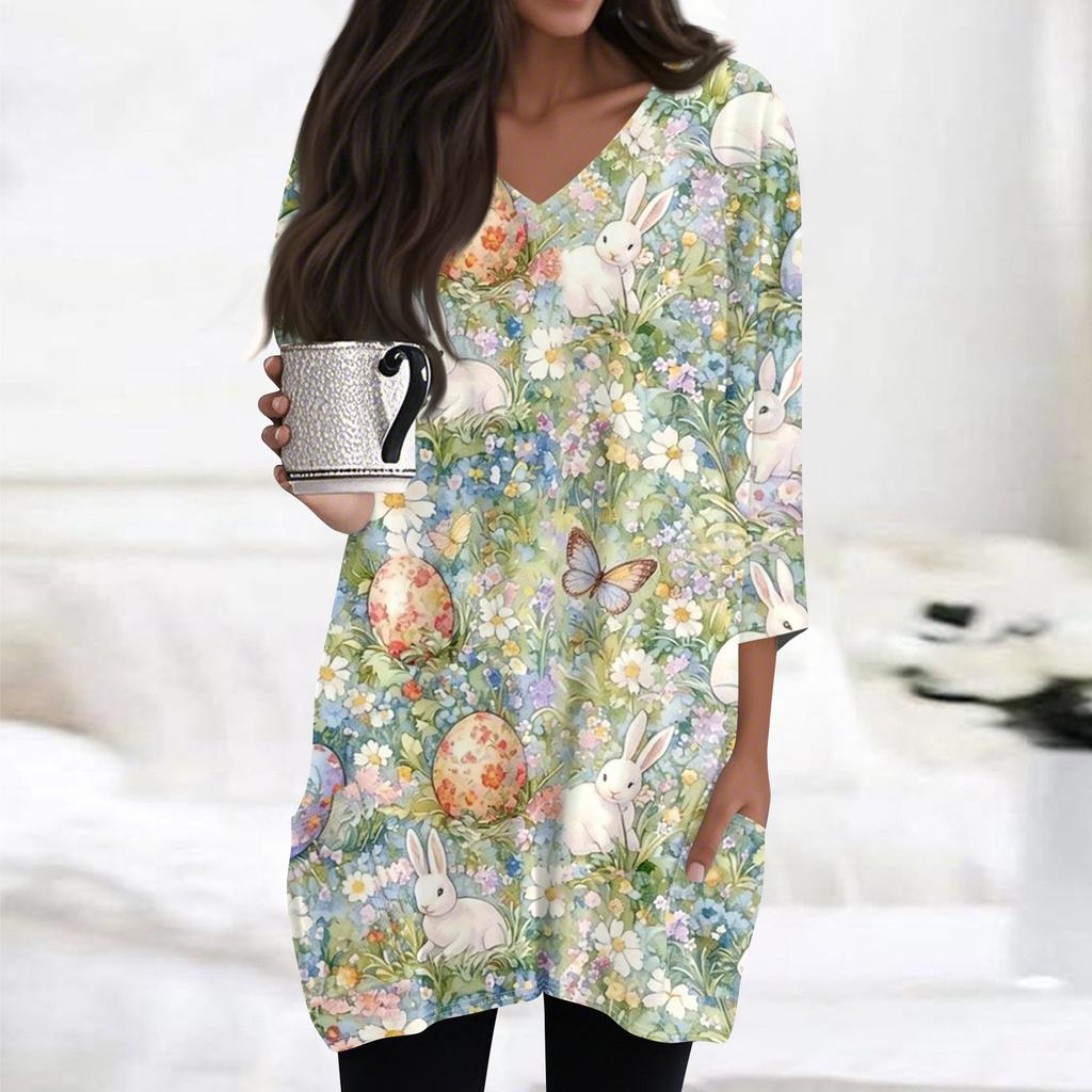 Womens Tops V-neck 3/4 Sleeve Blouses Casual Mid-length Shirts Fashion Print Tunic Tops With Pockets