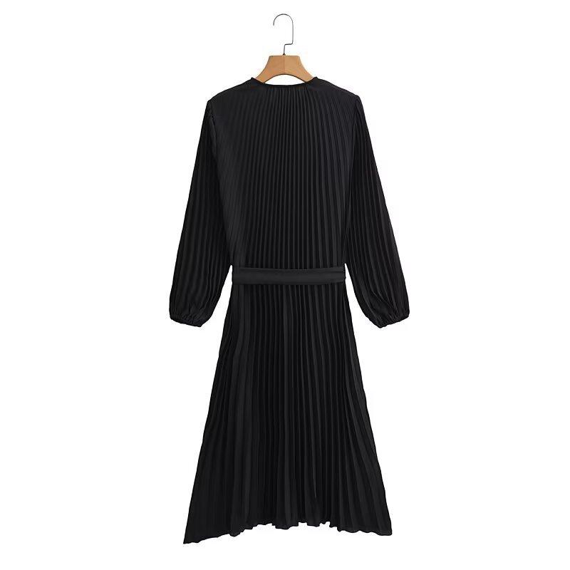2025 Spring/Autumn Women's Fashion Crew Neck Long Sleeve Belted Pleated Maxi Dress