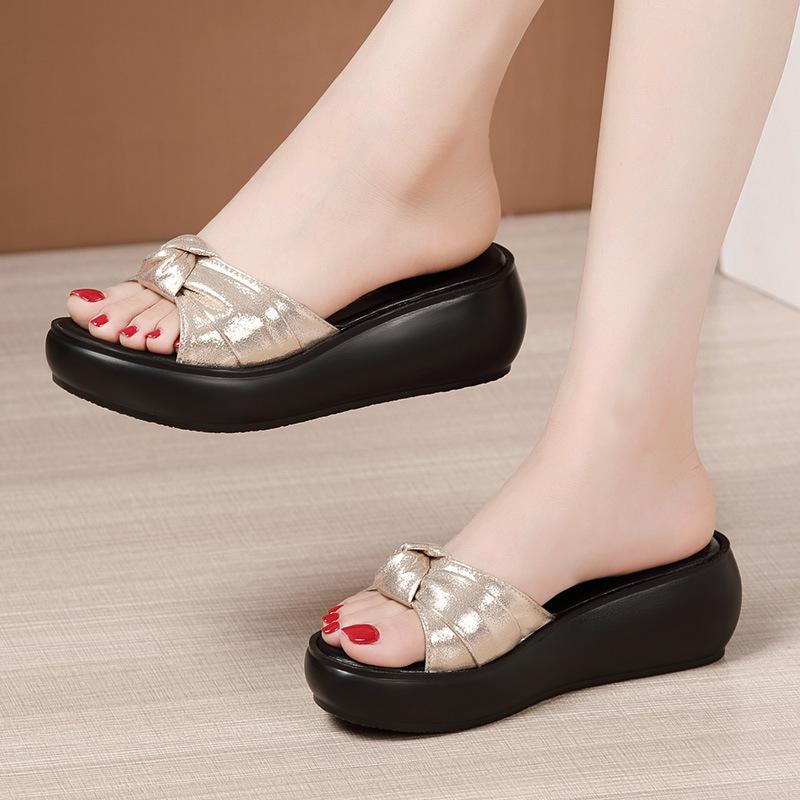 

6cm All Match Comfortable THick Bottom Knot Leather Slippers Platform Shoes 2025 Med Heels Wedges Slides for Office Mom Beach 34 золотий