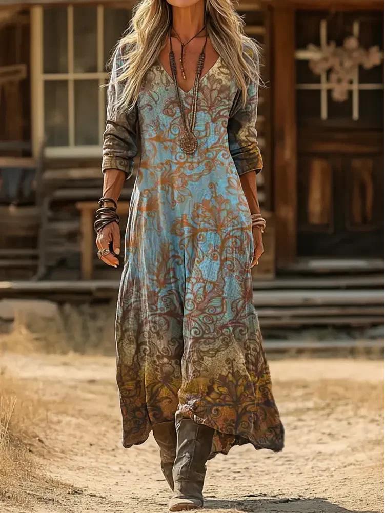 Damen Retro Blumenmuster Langarmkleid - Europäischer & Amerikanischer Stil
