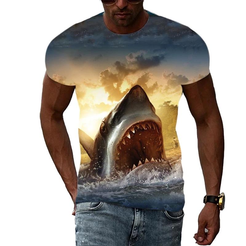 Hot New Men's T-Shirt with Large White Shark Print, Vintage Summer Casual Fashion, Crew Neck Short Sleeve Top