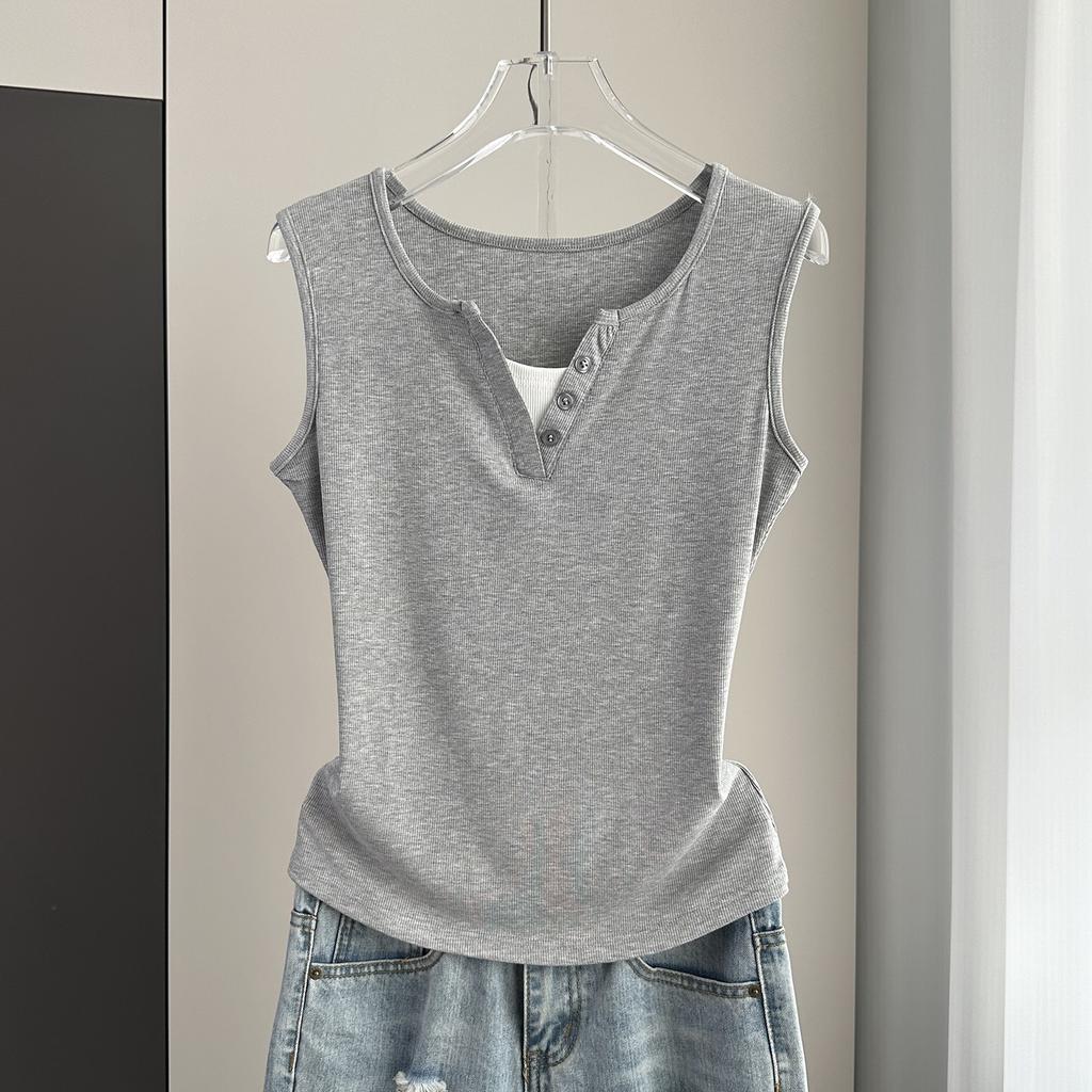 Fake Two-Piece Sleeveless Tank Top Casual Slim Fit Button Decor Summer Top Versatile Breathable Soft Material Flattering Slim Women Top