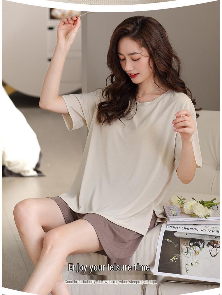 Women's Summer Modal Pajama Set with Chest Pad - Short Sleeve and Shorts, Cool Rayon, Anti-Bump, Suitable for Outdoor Wear