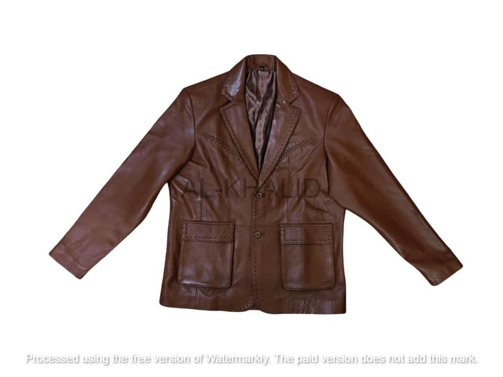 AL KHALID Blazer de cuero auténtico para hombre, chaqueta marrón, abrigo clásico de dos botones para fiesta y club