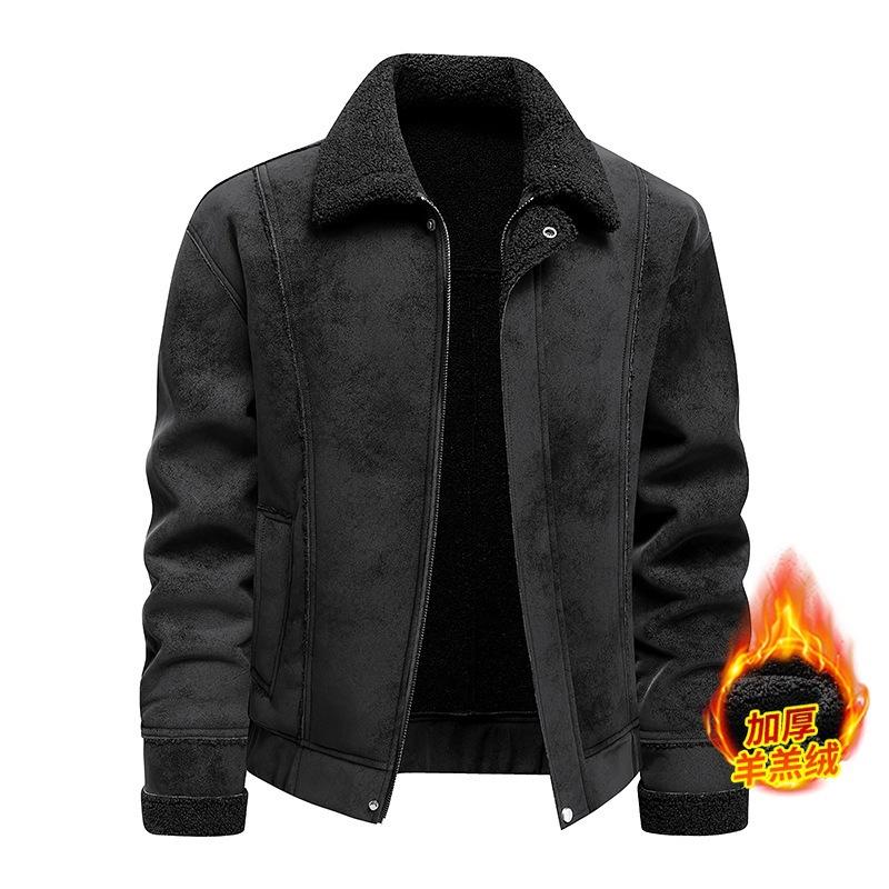 Autumn and winter new suede suede leather jacket men's velvet thermal lapel jacket large size fur integrated jacket
