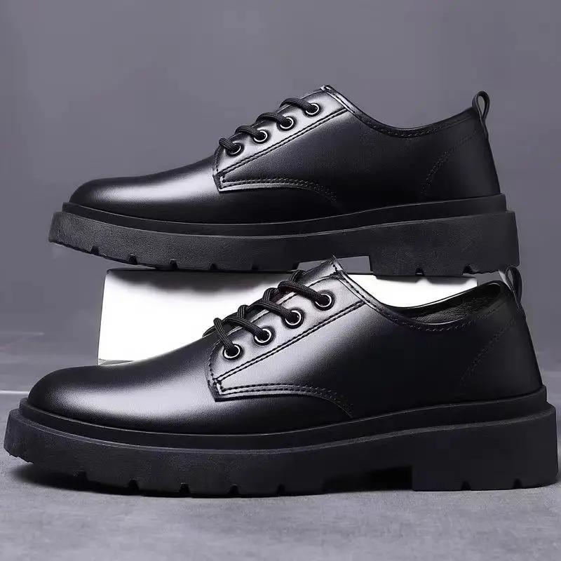 Fashion Leather Shoes Men Business Formal Casual Shoes Students Thick Bottom Lace Up Round Head Non-slip Comfortable Outdoor Shoes