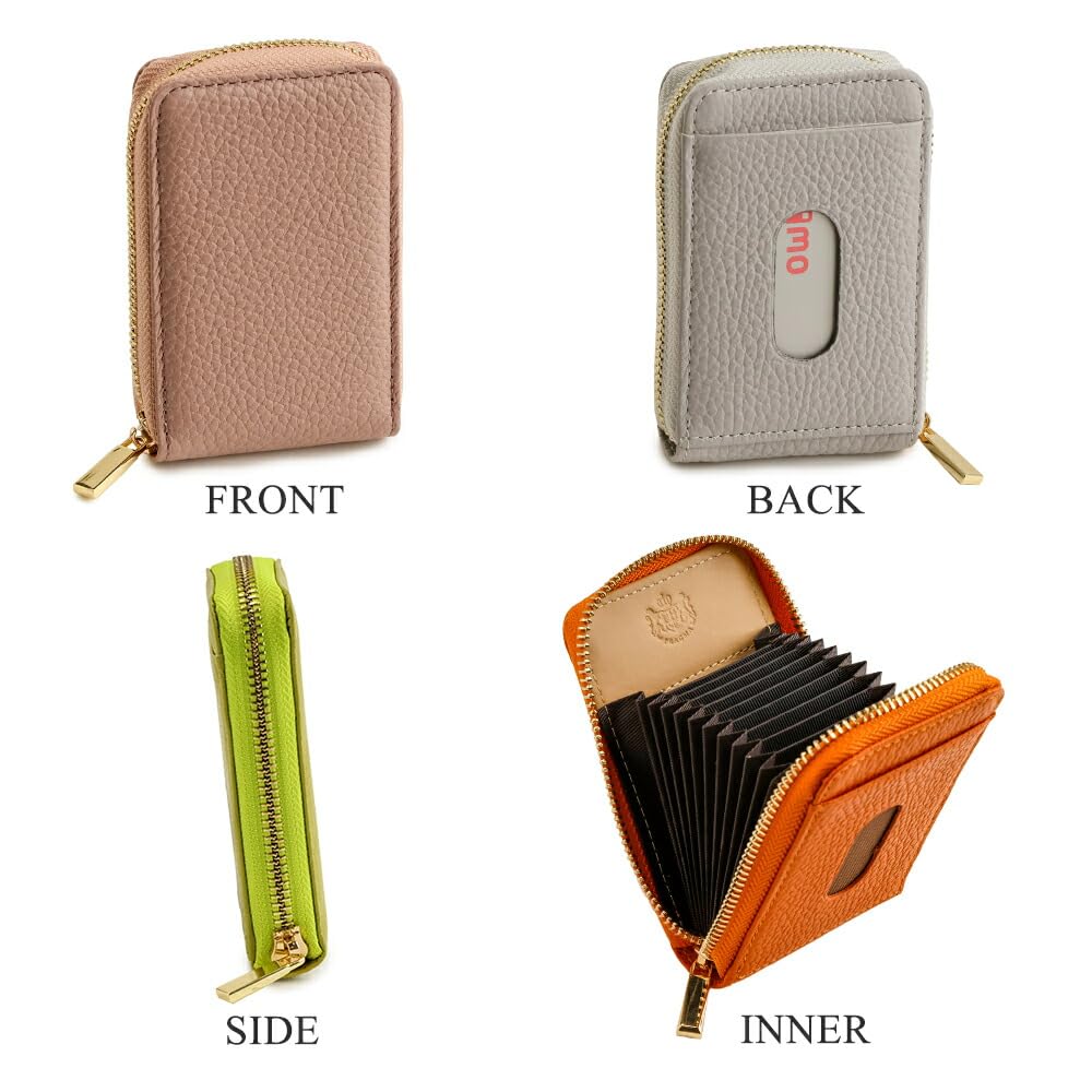 Pragma Women's Bellows Card Case, Vertical, Genuine Leather, Holds Many Cards, Italian Leather Wallet with Round Zipper (Ivory)