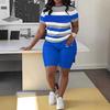 D9711 European and American Hot-selling Women's Clothing, Fashionable Personalized Striped Positioning Printing Crew Neck Short-sleeved Shorts Set