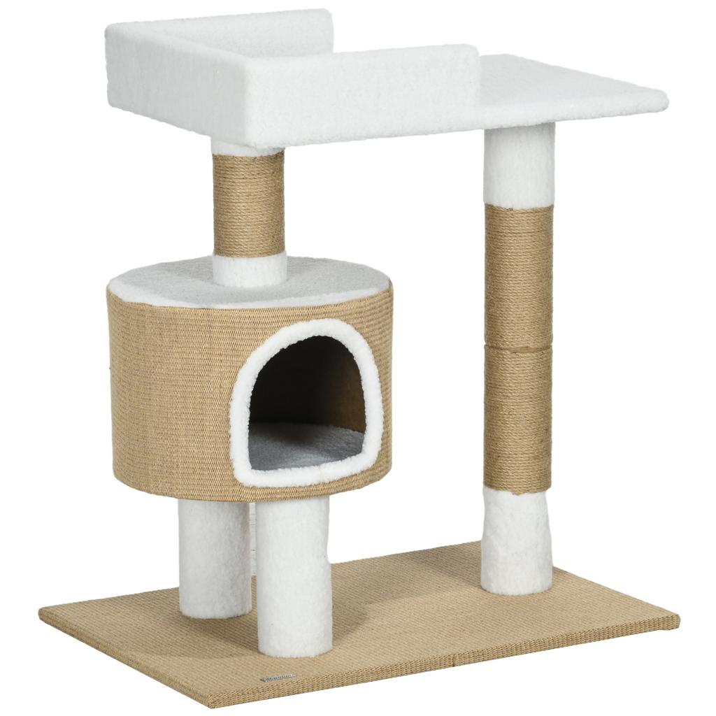 Scratching Post Cat Tree Cat Cave, 1 Cat Cave, 1 Lying Area, 70 cm x 49 cm x 79 cm, Natural + White