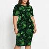Women Plus Size Round Neck Short Sleeve Printed Navy Blue Asymmetric Top Fitted Skirt Two Piece Set