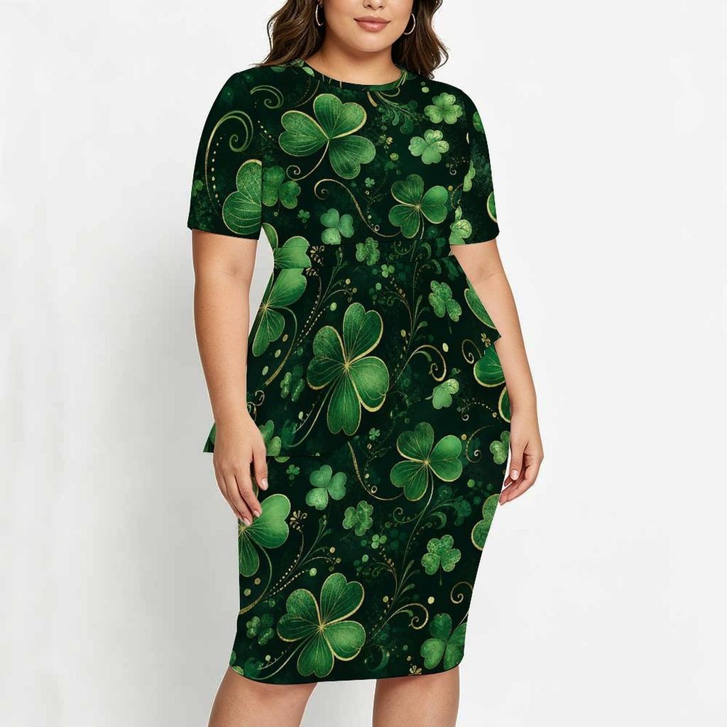 Women Plus Size Round Neck Short Sleeve Printed Navy Blue Asymmetric Top Fitted Skirt Two Piece Set