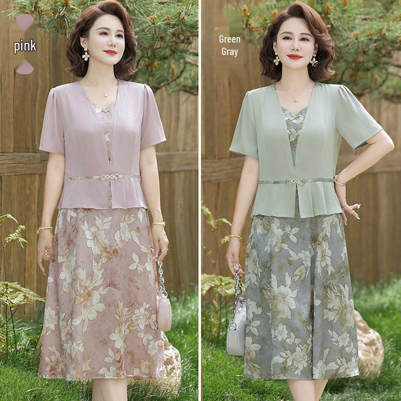 Elegant Summer A-Line Dress for Moms: Faux Two-Piece, Short-Sleeved, Printed, Flattering Fit for Middle-Aged and Elderly Women