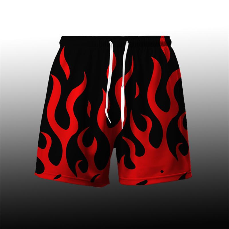Flame Pattern Cool Harajuku Men's Board Short Y2k Personality Fire Stripe 3D Print Beach Shorts Breathable Loose Fashion Trunks