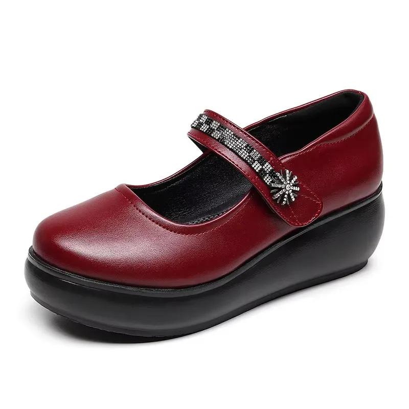 6cm Small Size 32-43 Comfortable Breathable Shallow Soft Leather Mary Janes Mid Heels 2025 Spring Platform Wedges Shoes Mom Work