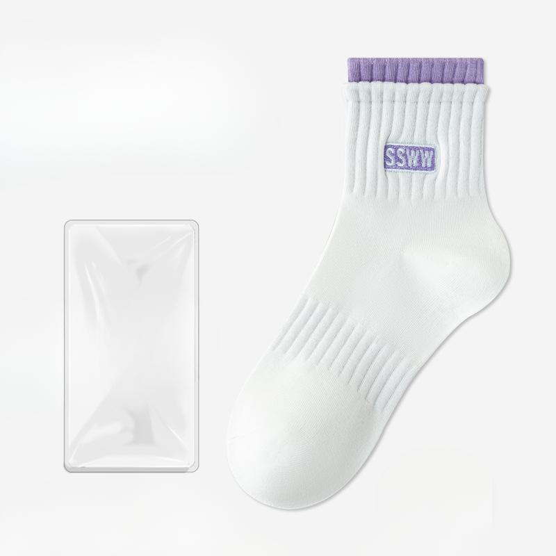 Female Spring and Summer New Sports Running All Match Pure Color Letter Breathable In Tube Socks