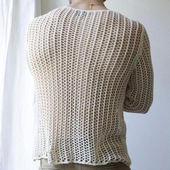 Men Mesh Top See Through Long Sleeves Round Neck Hollow-out Sexy Dress Up Polyester Men Bottoming Shirt Knitted Mesh Top Clothing for Male