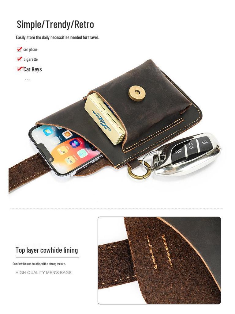 Męska saszetka biodrowa na telefon komórkowy z prawdziwej skóry - Taktyczna saszetka na pasek Crazy Horse na plac budowy i do sportu.