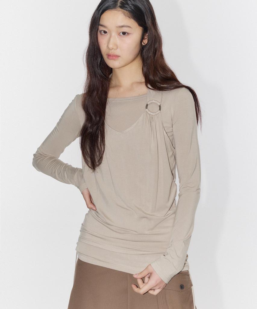 PLACE STUDIO Halter Neck Shirred Strap O-Ring Point Layered Sleeveless T-Shirt Set _3 Colors