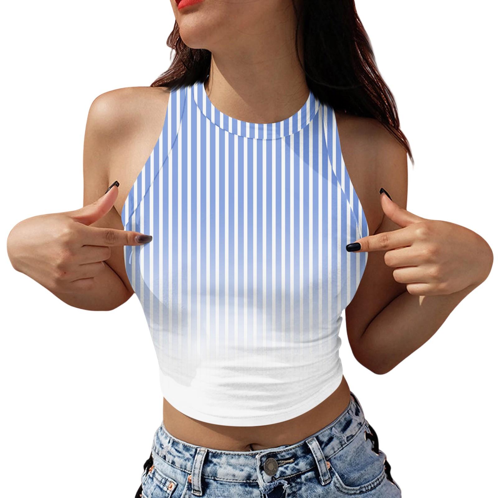 

Women s Fashion Stripes Print Sleeveless Base Tank Top L светло-синий