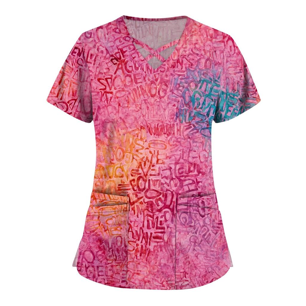 Dámská móda V-výstřih Krátký rukáv Kombinézy Kapsa s dvojitou vrstvou Tištěná trička Oblečení