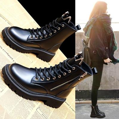 Trend Damen Pu Leder Stiefeletten Herbst Winter Runde Zehen Schnürschuhe Frau Klassische Mode Motorrad Plateau Botas