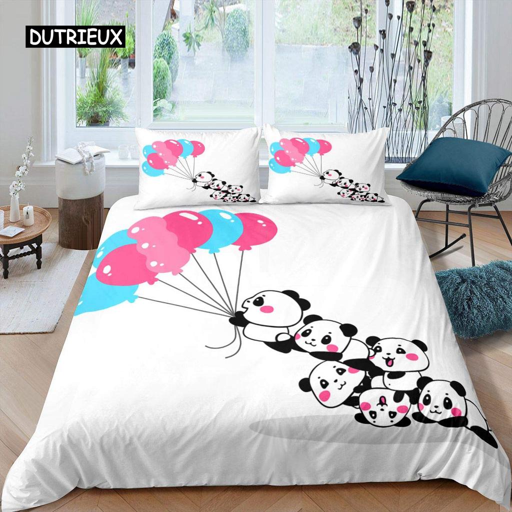 Panda Duvet Cover Set Cherry Blossoms Cute Animal Bedding Set Flower Branches Cartoon Double Queen King Polyester Quilt Cover