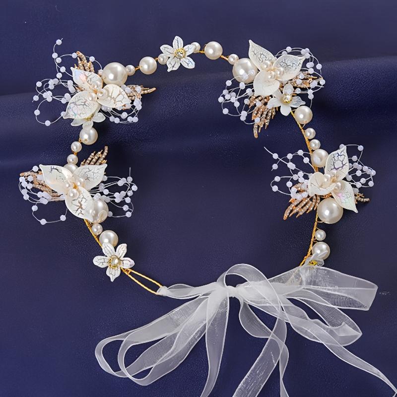 Gold Color Flower Leaf Hairband Tiara For Women Party Crystal Pearl Headband Bridal Wedding Hair Accessories Jewelry Comb Band