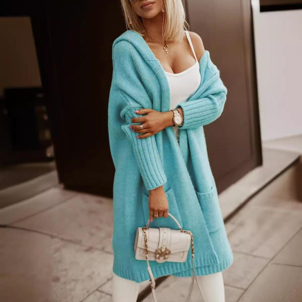 Cross-Border Wool Hooded Cardigan: Loose, Long, Knitted Sweater with Letter Design