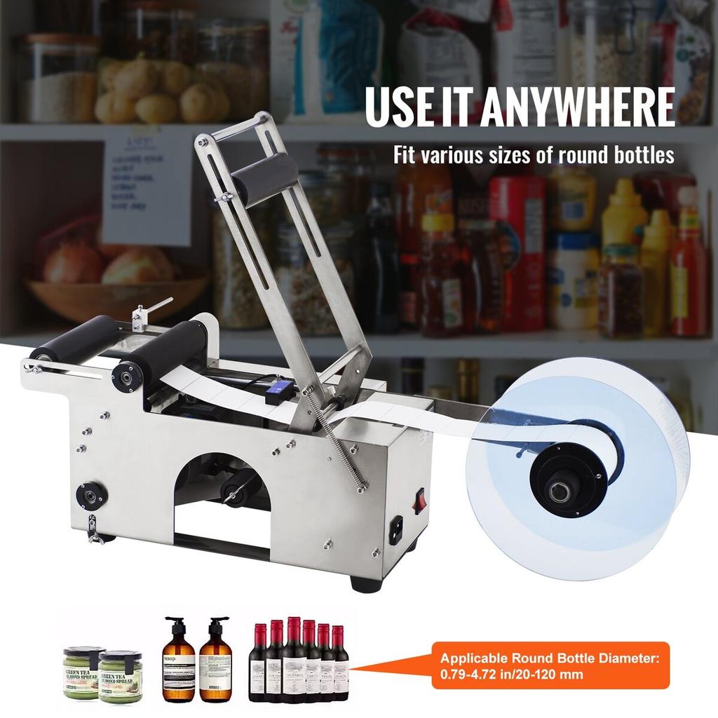 MT-50 Semi-automatic Round Bottle Labeling Machine, Adjustable Bottle Labeler 50pcs/min Label Applicator for Bottles 12-90mm