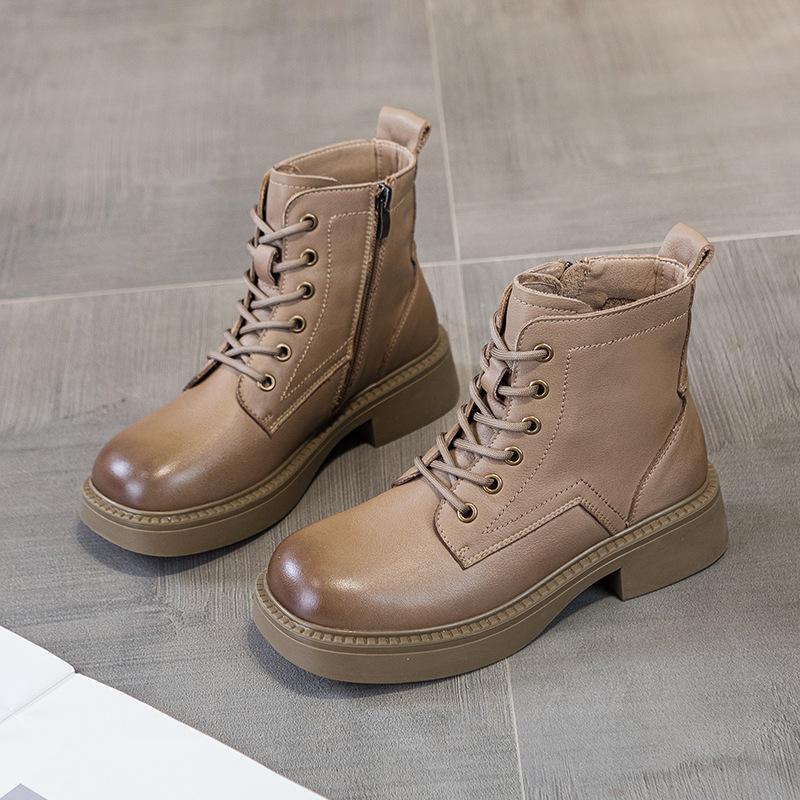 

Первый слой коровьей кожи ботинки Мартин для женской осени и зимы 2025 новые ретро кожа британский стиль платформа женские короткие ботинки 40 хаки