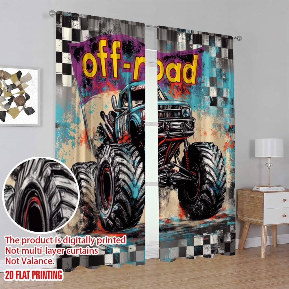 2pcs,2D Plane Printing Curtains Monster Dash Durable Polyester (without Rod) Room Decor Use for Living Room, Office, Kitchen,