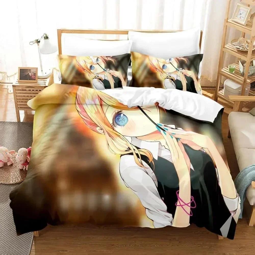 3D Print Anime Kawaii Girls Kaguya-Sama Love Is War Bedding Set Printed Bed Set With Pillowcase Duvet Cover Soft Bedclothes Home