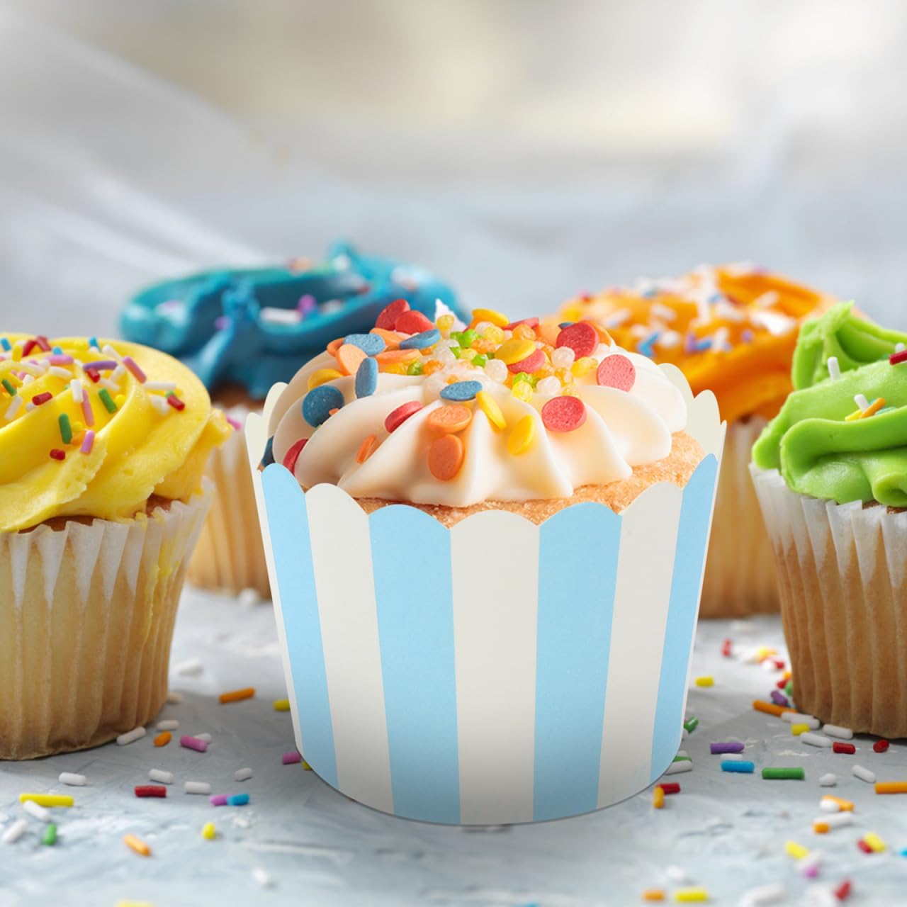 Cabilock Cupcake Liners Muffin Baking Cups 50Pcs Blue and White Stripes Baking Cups Paper Mini Cupcake Liners Greaseproof No Smell Cupcake Wrappers