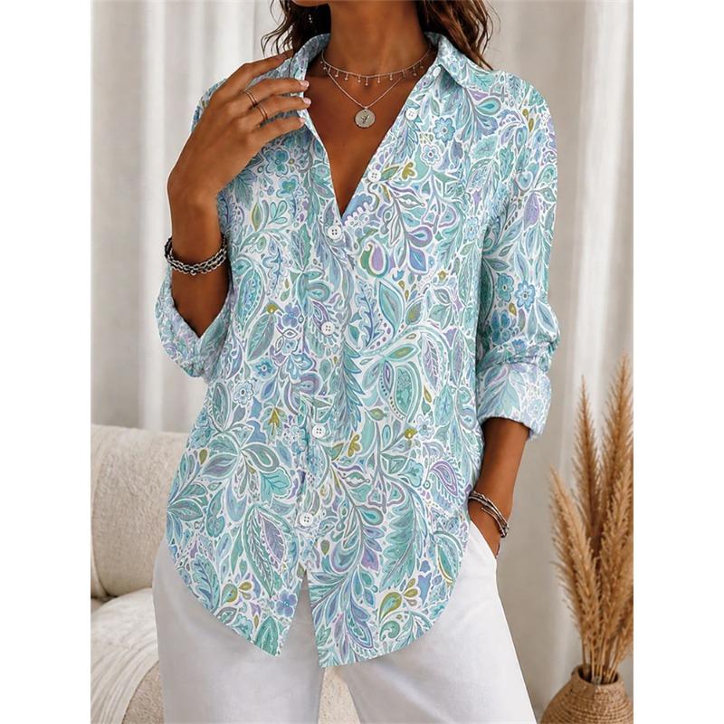 New Fall Women's Long-Sleeve Shirt Blue and White Tie-Dye Print Collared Long Sleeves A Stylish Women's Button-Down Shirt