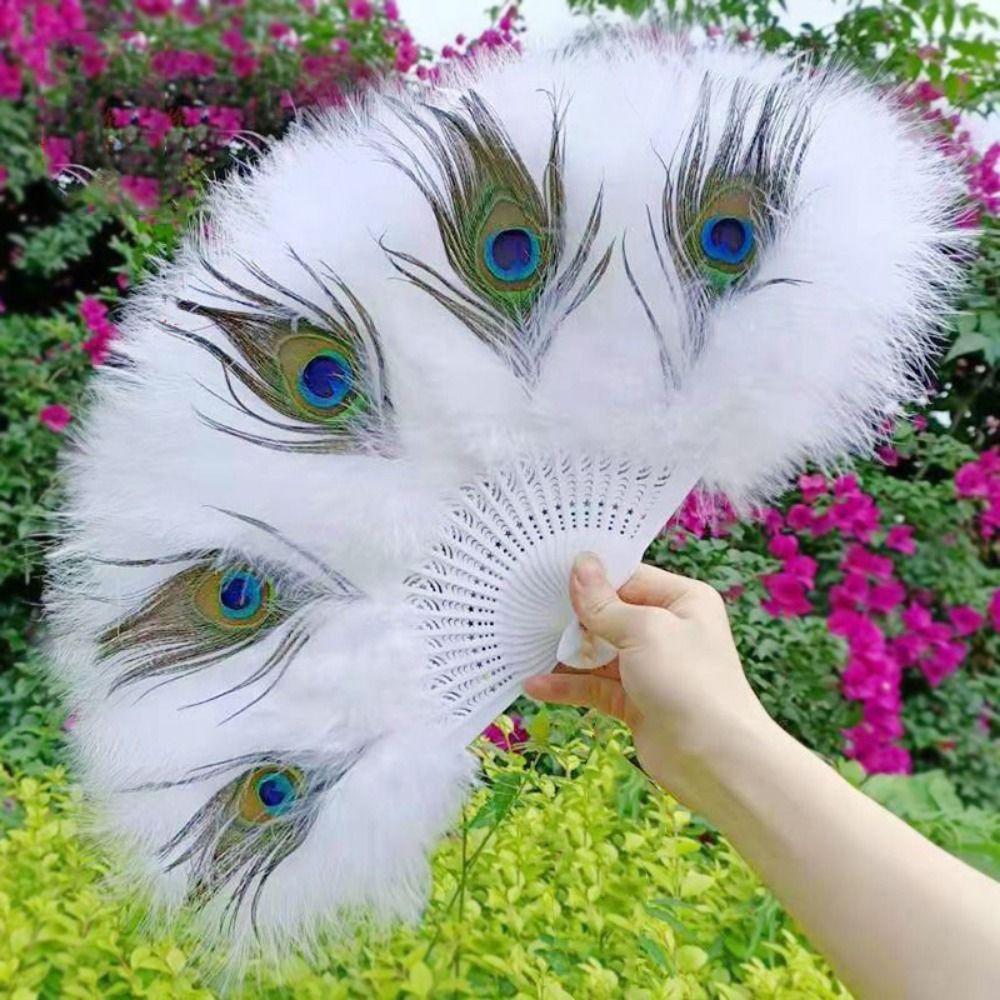 Handheld Peacock Feather Fan With Tassel Feather Dance Fan Folding Hand Fan  Home Decoration