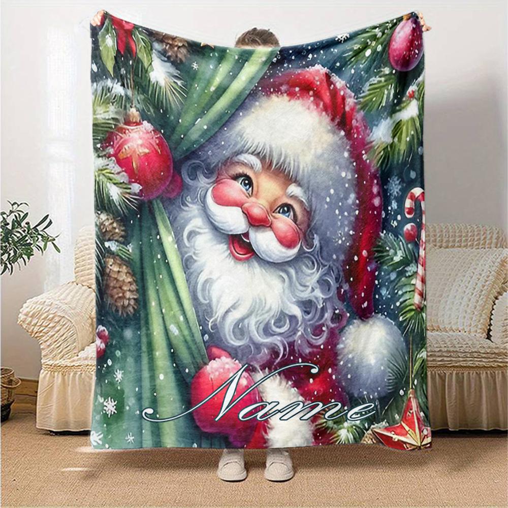 Custom Name Christmas Santa Claus Theme Printed Blanket - Perfect for Couch, Bed, Travel & Outdoor Use | Machine Washable, Cozy & Durable.