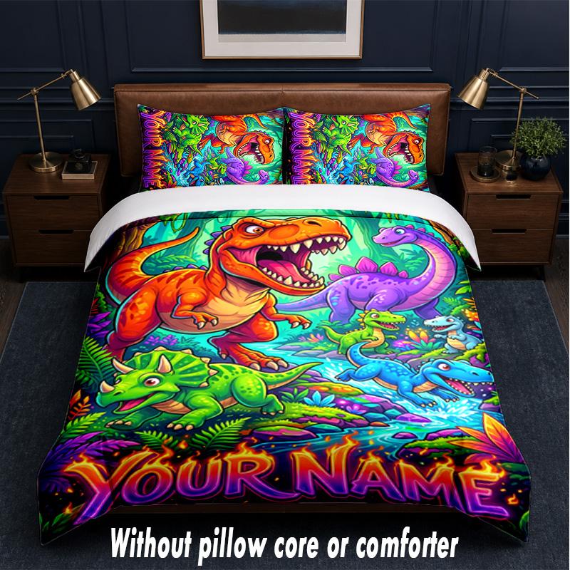 Dinosaur Theme Custom Text Or Name 3Pcs Bedding Set,1 Flat Sheet & 2 Pillowcases Personalized Home Bedding